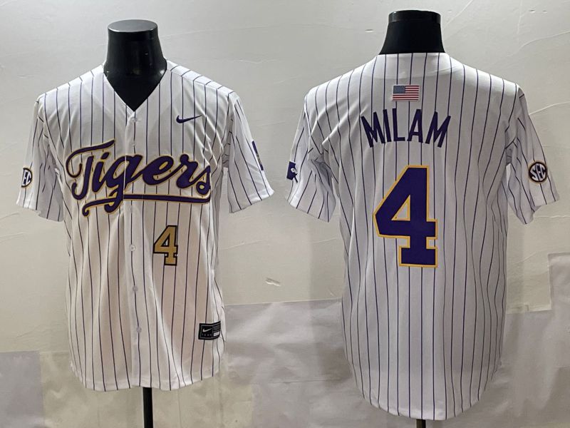 Men 2025 LSU Tigers #4 Milam White Stripe Nike Joint Name Nike NCAA Jersey style 3->ncaa teams->NCAA Jersey